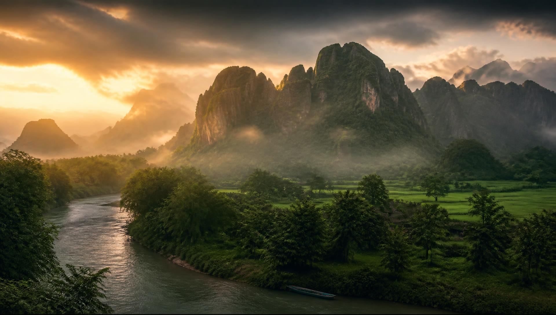 Karst mountains and the Nam Song river at sunrise in Vang Vieng, Laos